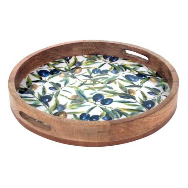 Rond mangohouten dienblad met olijfmotief 35 cm