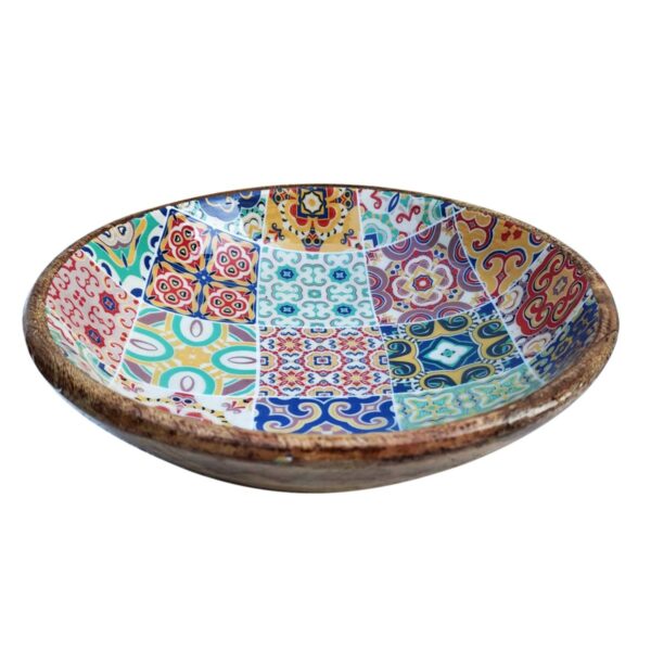 Grand bol en bois de manguier motif carreaux 30 cm