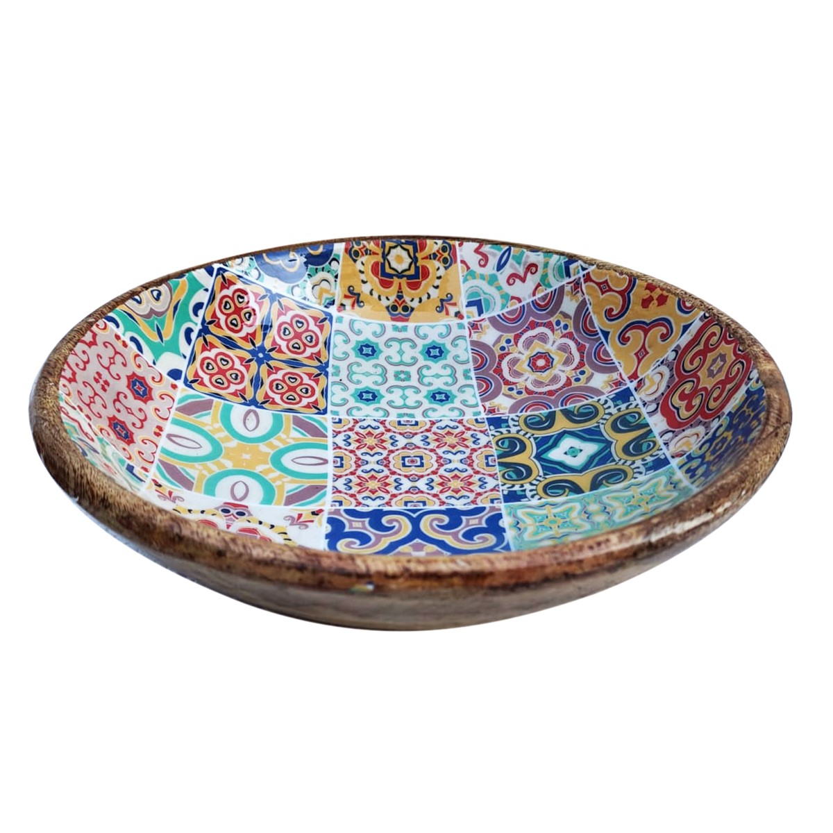 Grand bol en bois de manguier motif carreaux 30 cm