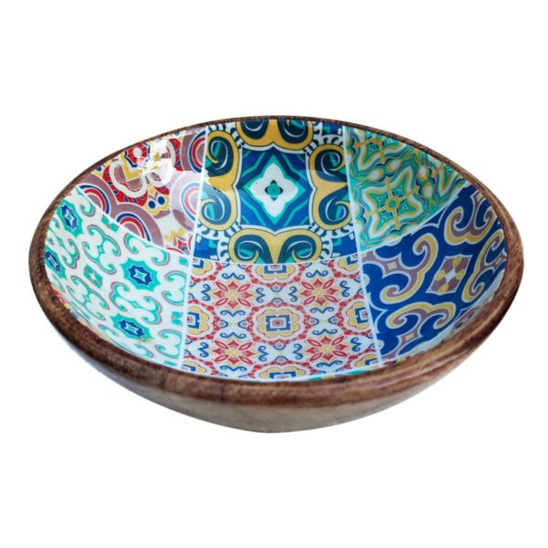 Bol moyen en bois de manguier motif carreaux 19,5 cm
