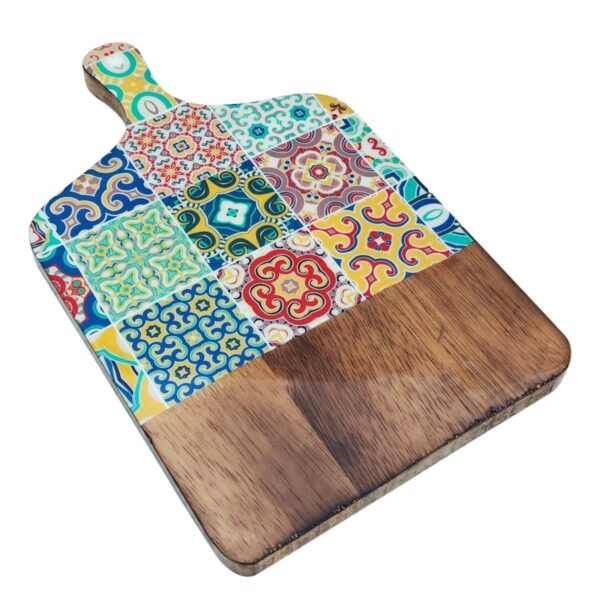 Petite planche à découper en bois de manguier motif carreaux 33 cm