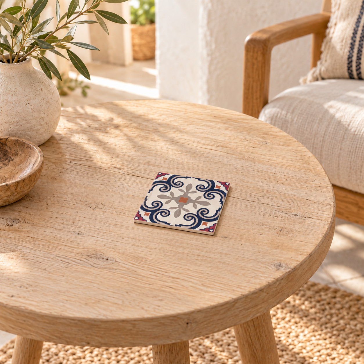 Keramische onderzetter met tegelmotief – 26331, référence 26331, dans un intérieur d’inspiration méditerranéenne avec un seul modèle présenté à titre d’exemple