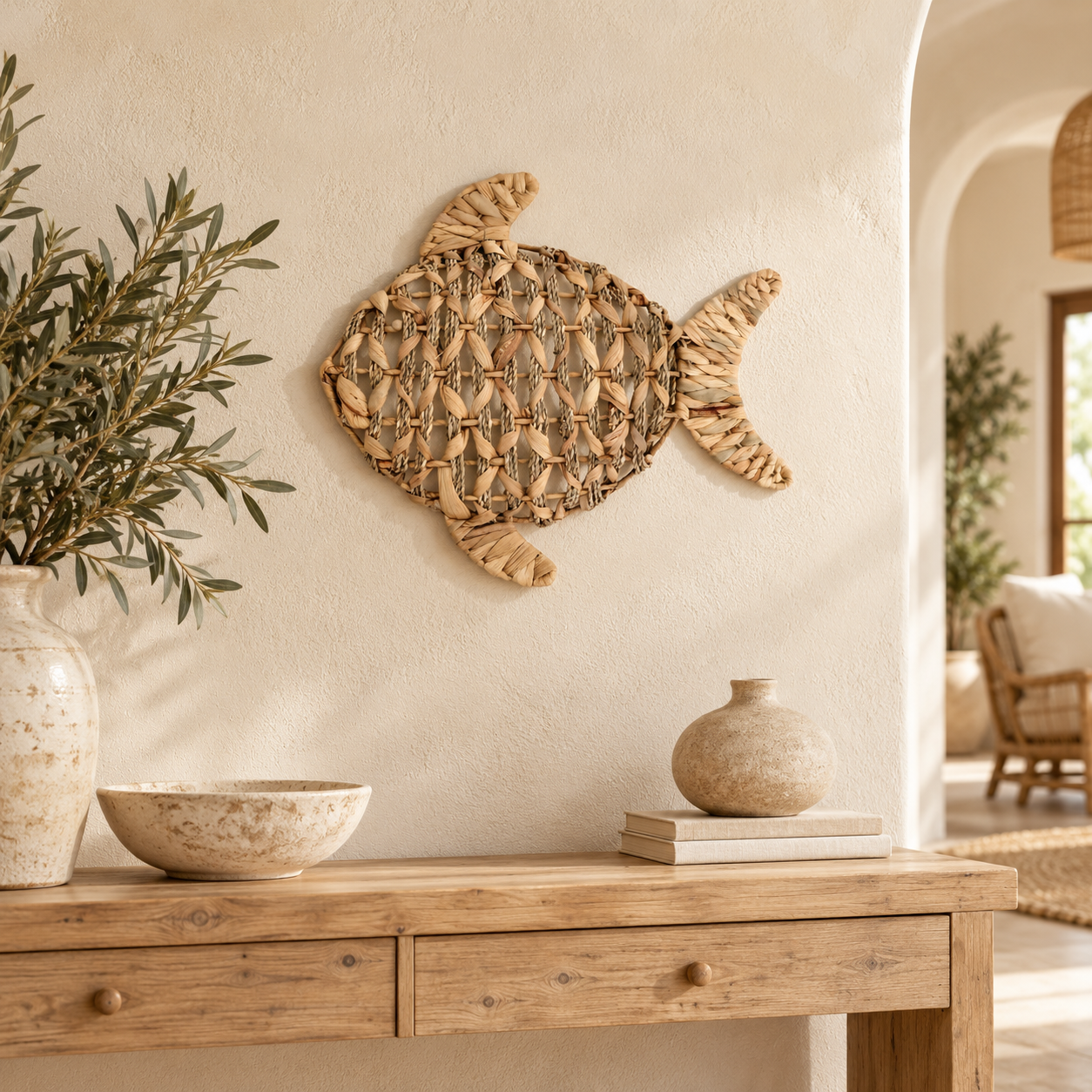 Petite décoration murale poisson en jacinthe d’eau, référence 37624, dans un intérieur d’inspiration méditerranéenne