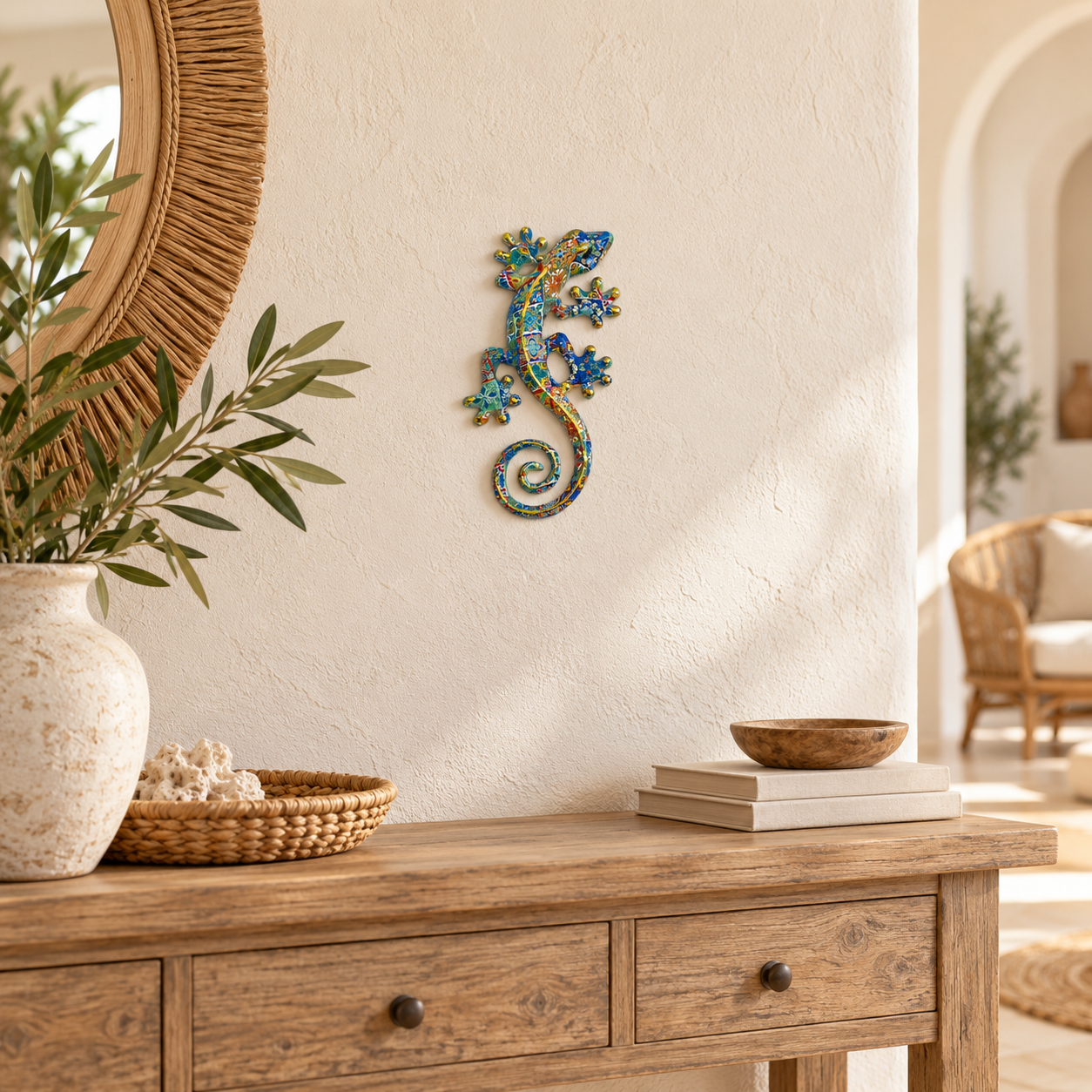 Décoration murale lézard en résine – 18 cm, référence 40093, dans un intérieur d’inspiration méditerranéenne avec un seul modèle présenté à titre d’exemple